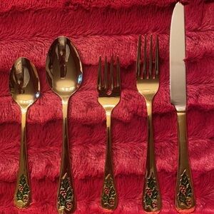 Christmas Silverware - Gold and Green Holly Flatware Set